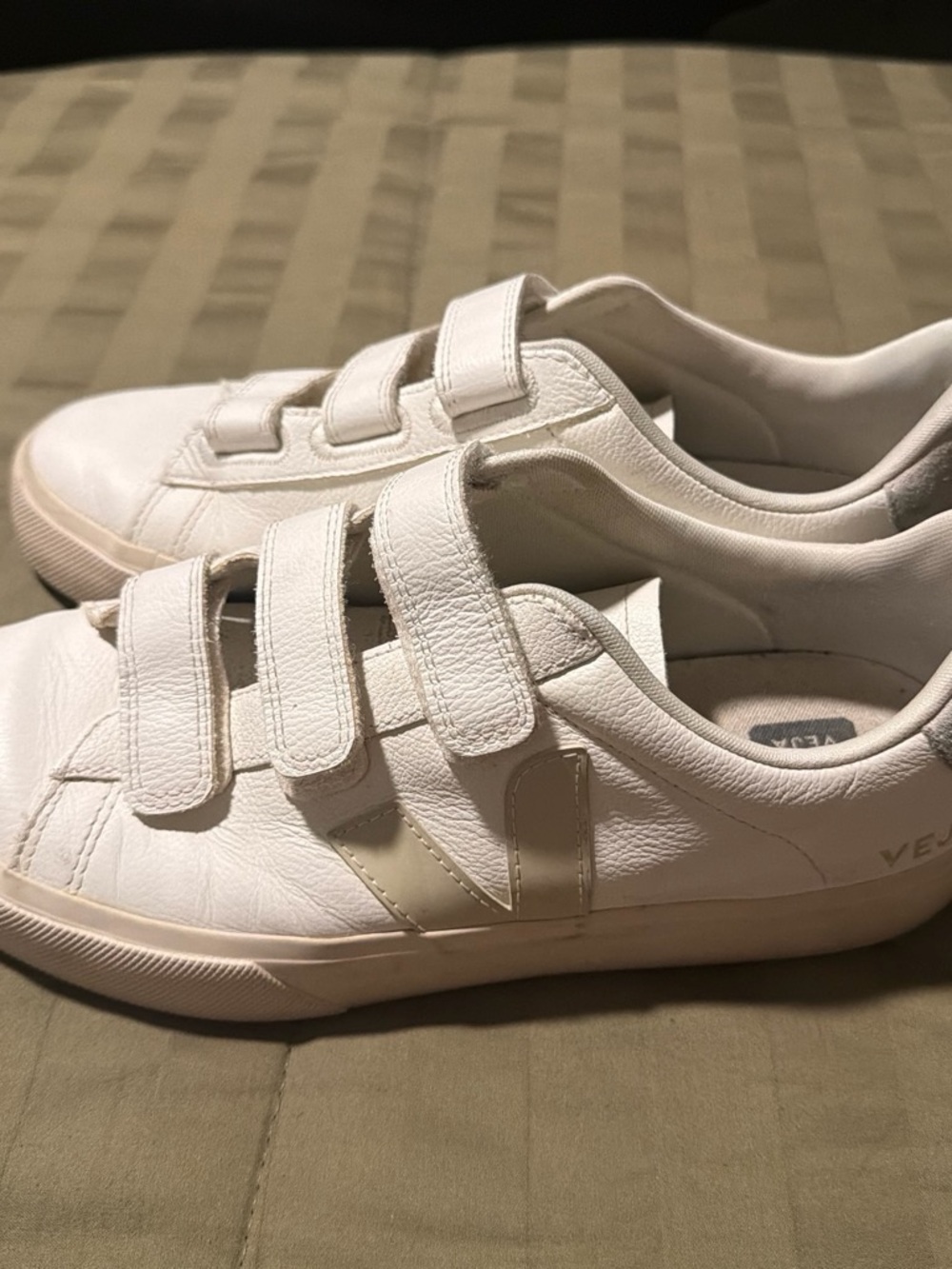 Veja Kids White Leather Velcro Sneakers with Cream V Logo